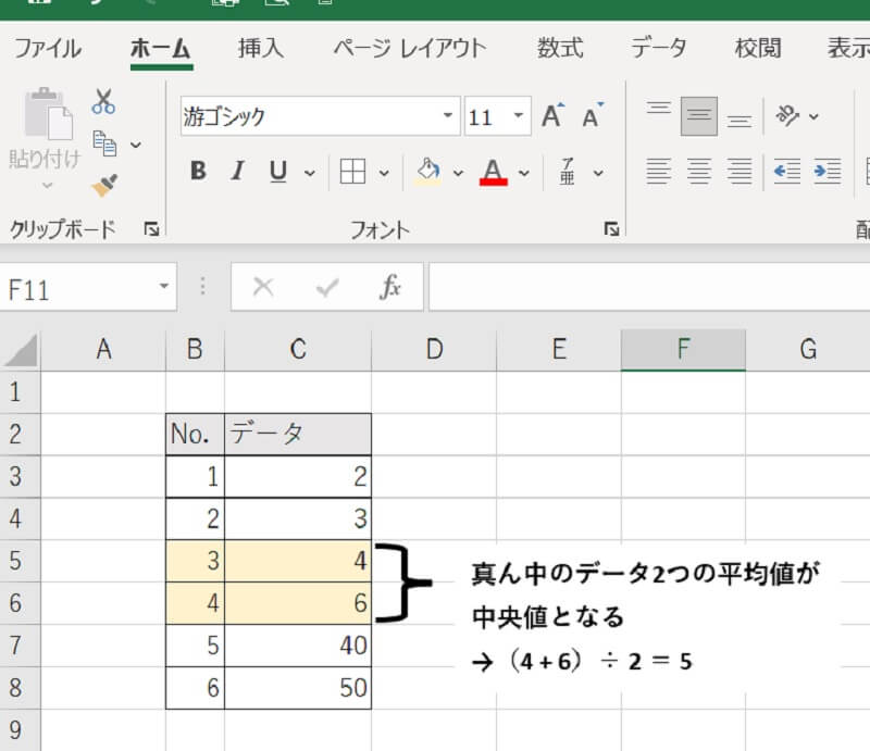 対象データが偶数の場合の中央値