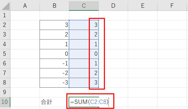 絶対値の合計をSUM関数で計算方法