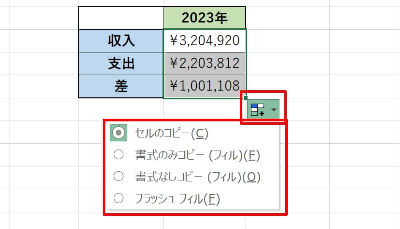 オートフィルオプションはどうやって表示するの？